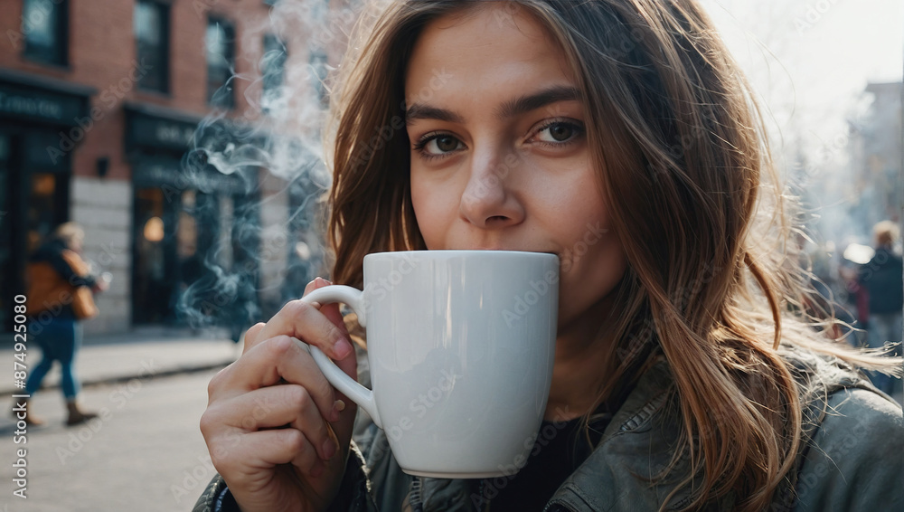 A woman sipping a steaming coffee in a lively street, blending the warmth of the drink with the vibrancy of urban life. A woman sipping a steaming coffee in a lively street, blending the warmth of the drink with the vibrancy of urban life.