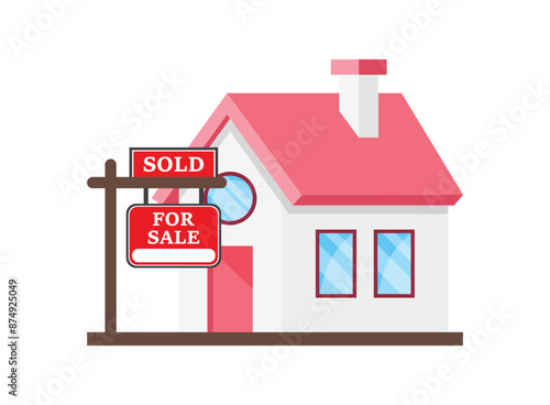 Real estate banner with house icon in flat style. Sale label vector illustration on isolated background. Sold sign business concept.