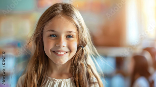 Portrait of a smiling schoolgirl against a blurred background in the classroom. Back to school.
