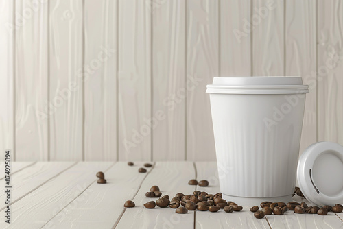 White mockup coffee cup with coffee beans on light wooden background, 3D render photo