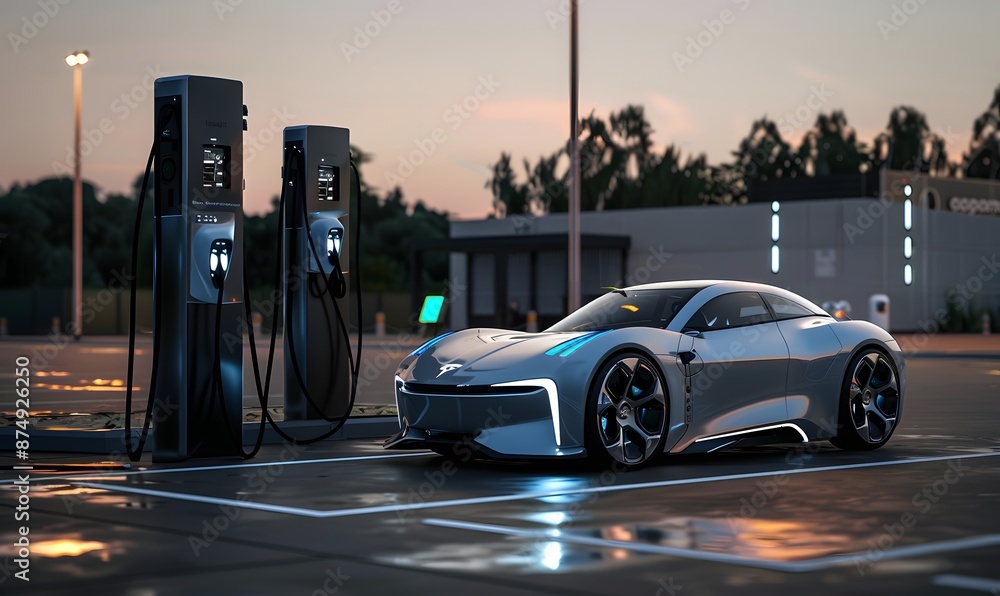 Electric Sports Car Charging at Station Electric Sports Car Charging at Station