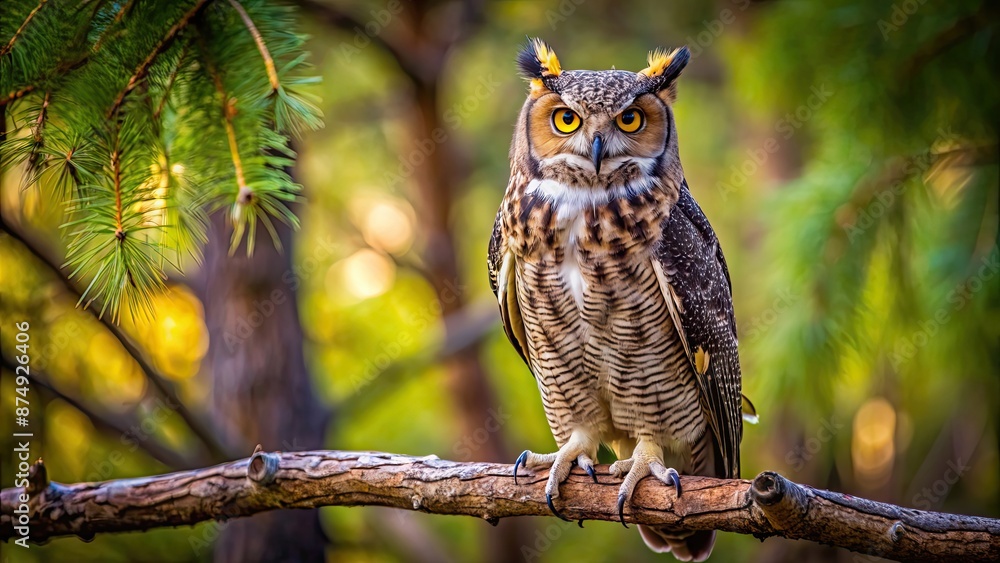 Obraz premium Great horned owl perched on a tree branch, wildlife, predator, bird of prey, feathered, avian, nature