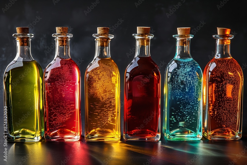 Row of Vibrant Colored Glass Bottles Against a Rustic Wooden Background Row of Vibrant Colored Glass Bottles Against a Rustic Wooden Background