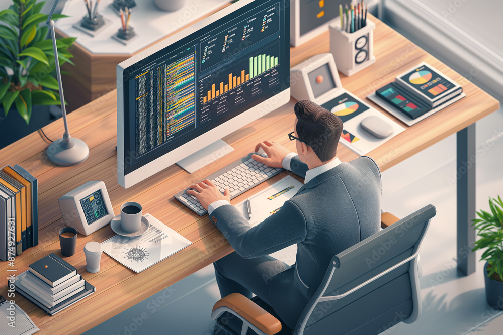 3D rendering of a businessman using a computer regarding daily office work. Financial and investment analysis, money in stocks, business research 3D rendering of a businessman using a computer regarding daily office work. Financial and investment analysis, money in stocks, business research