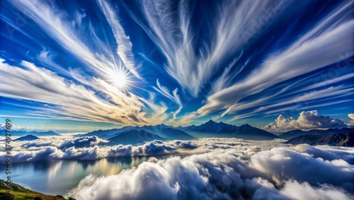 Wallpaper Mural Breathtaking blue atmosphere with fluffy white clouds, serene landscape below, and subtle wind streaks, conveying thrill and adventure. Torontodigital.ca