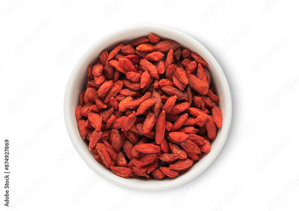Ceramic bowl with sred dried goji berries isolated on white background.Top view. Ceramic bowl with sred dried goji berries isolated on white background.Top view.