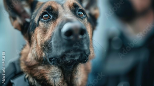 A close-up shot of a German Shepherd dog with alert, attentive eyes, showcasing the animal's intelligence and focus. The background is slightly blurred, emphasizing the dog.