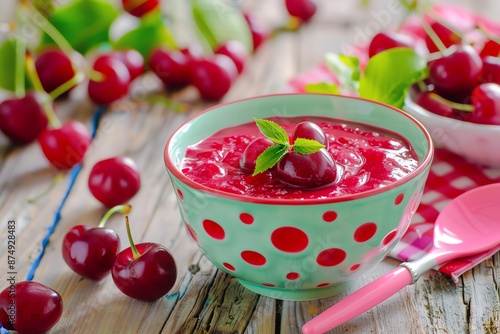 Pureed cherries in a colorful bowl, Baby food, Sweet and nutritious photo