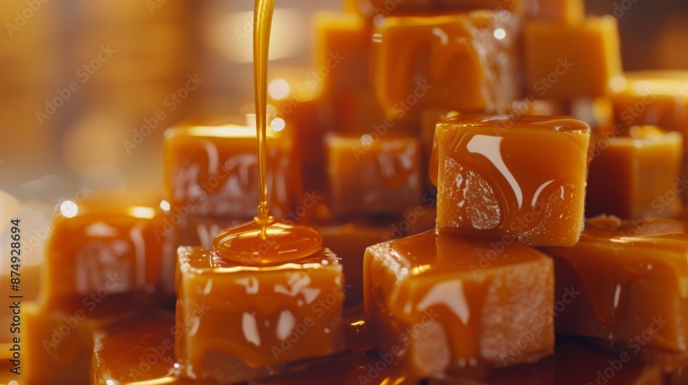 Close-up of Rich Glossy Caramel Cubes Neatly Stacked with a Smooth Syrup Drizzling Over Them Close-up of Rich Glossy Caramel Cubes Neatly Stacked with a Smooth Syrup Drizzling Over Them