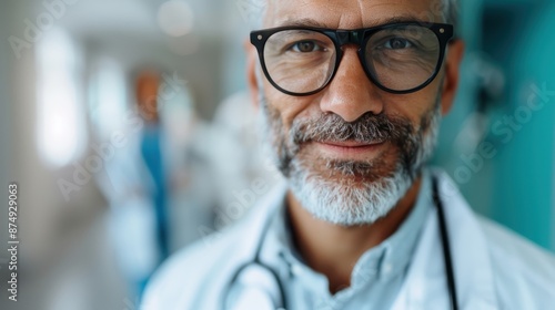 A close-up portrait of a smiling doctor with a greying beard and black-rimmed glasses, wearing a white coat and standing in a hospital corridor, capturing professionalism and compassion.