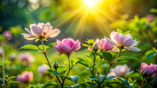 Delicate petals unfolding from buds amidst lush green foliage, soft morning light illuminates serene ambiance of vibrant flowering plants outdoors.