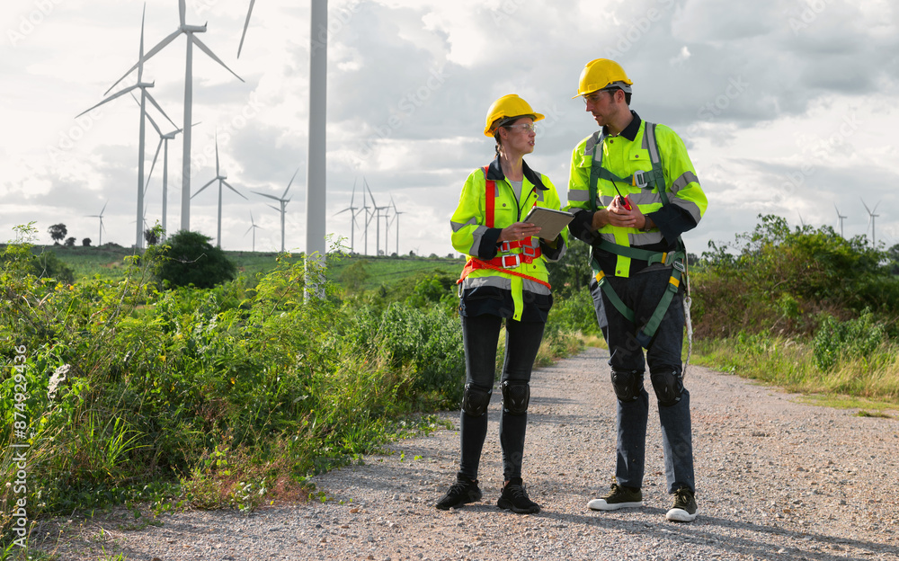 Two men in safety gear are standing on a gravel road next to a wind farm Two men in safety gear are standing on a gravel road next to a wind farm