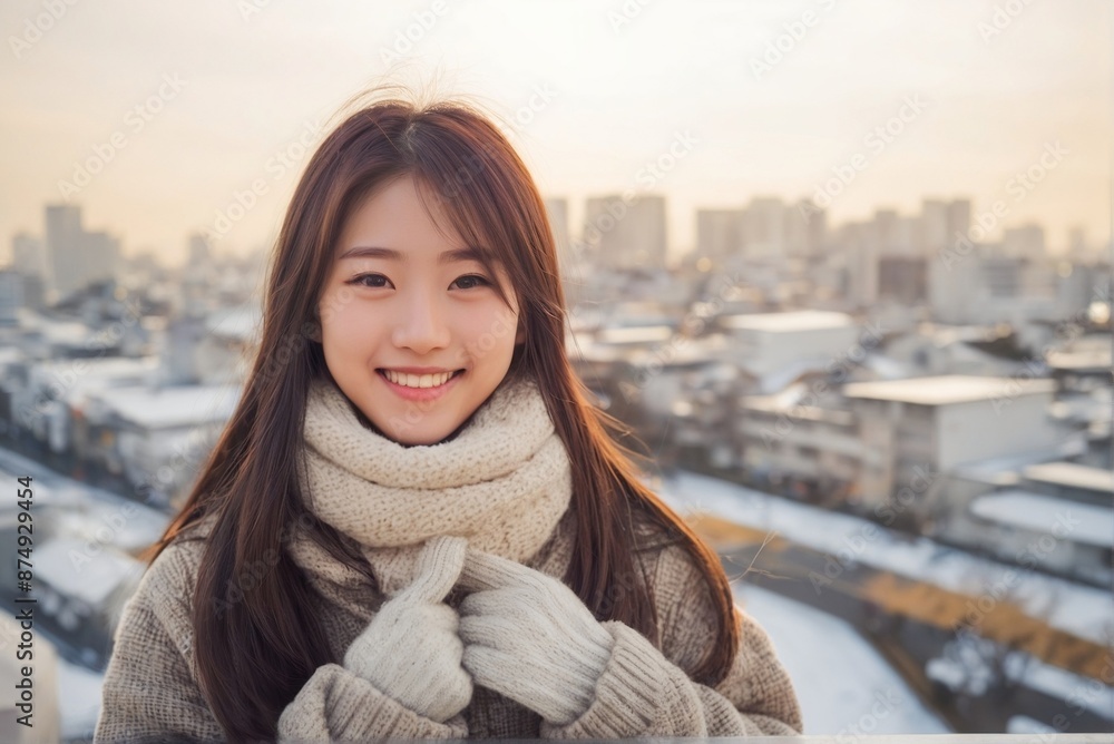 Happy young woman travels to Japan in the winter season with copy space. Happy young woman travels to Japan in the winter season with copy space.