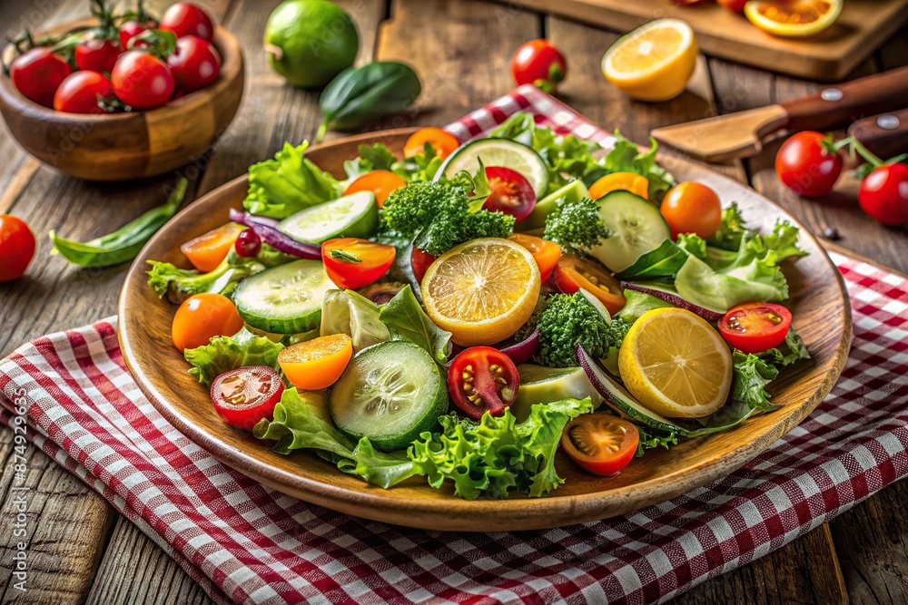 Fresh vibrant mixed greens salads with cherry tomatoes, cucumbers, carrots, and citrus fruits arranged artfully on a rustic wooden table with a natural fiber tablecloth. Fresh vibrant mixed greens salads with cherry tomatoes, cucumbers, carrots, and citrus fruits arranged artfully on a rustic wooden table with a natural fiber tablecloth.
