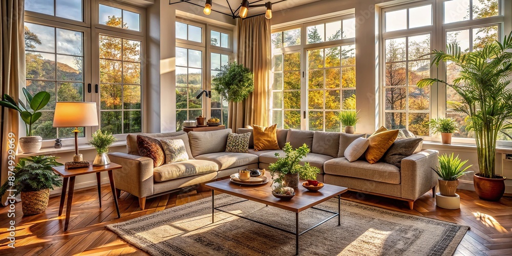 Cozy living room with large window allowing abundance of natural light, comfortable furniture, and stylish decor, evoking feelings of warmth and relaxation. Cozy living room with large window allowing abundance of natural light, comfortable furniture, and stylish decor, evoking feelings of warmth and relaxation.