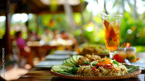 Outdoor dining setup with a refreshing drink on table.