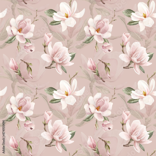 Wallpaper Mural Light pink magnolia branches with flowers. Watercolor floral seamless pattern on peach pink background for flower fabric Torontodigital.ca