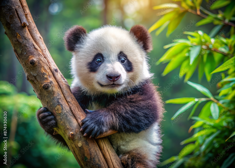 Obraz premium Chubby baby panda grips a tree branch with tiny paws, its fluffy fur and curious gaze captivating audiences in a serene forest habitat setting.
