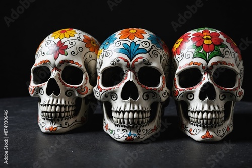 Painted human skulls for Mexico's Day of the Dead (El Dia de Muertos) on dark background with space for text