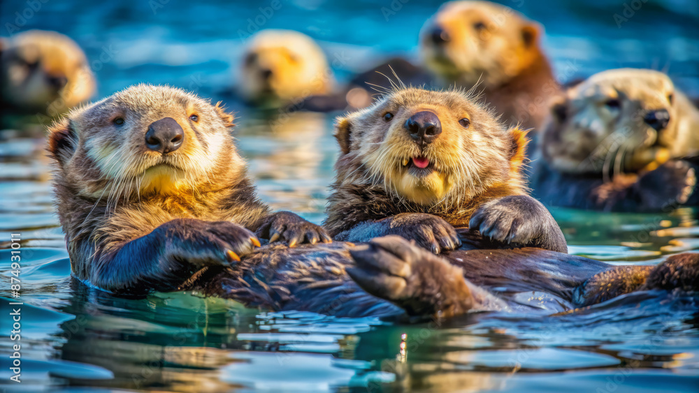 Adorable sea otters float on their backs in a serene bay, their soft fur glistening as they playfully chase each other, their happy squeaks filling the air. Adorable sea otters float on their backs in a serene bay, their soft fur glistening as they playfully chase each other, their happy squeaks filling the air.
