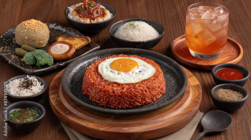 Delicious Korean Fried Rice with Egg on Iron Skillet Delicious Korean Fried Rice with Egg on Iron Skillet