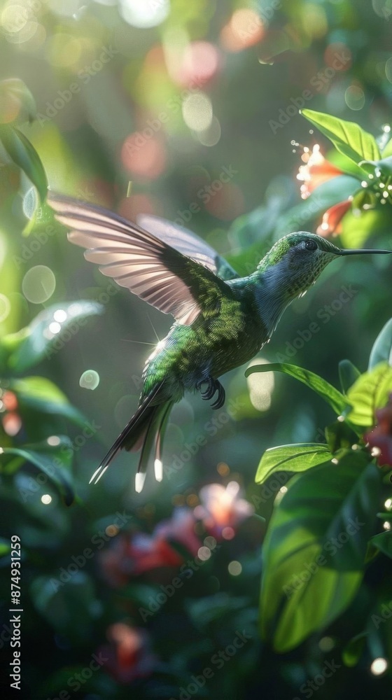 Obraz premium A hummingbird hovers in mid-air, its long, thin beak probing a flower for nectar