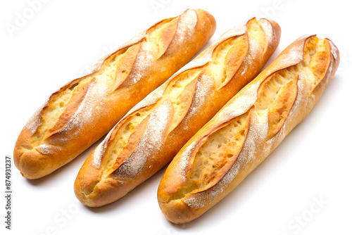 Three French baguettes. Isolated on a white background.