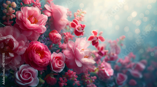 Wallpaper Mural a luxurious realistic photo ot the top section from an advertising poster featuring luxurious opulent vibrant pink peonies, fuchsia orchids and shiny pink roses, white light splash. Full of light rays Torontodigital.ca