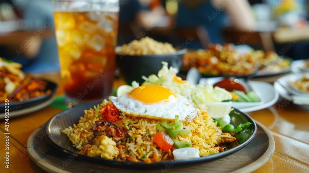 Delicious fried rice with egg and iced tea on table Delicious fried rice with egg and iced tea on table