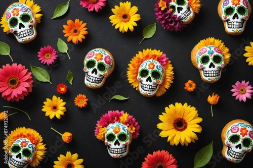 MEXICAN FLOWERS ON BLACK BACKGROUND. MEXICAN TRADITION, PAN DE MUERTO. DAY OF THE DEAD