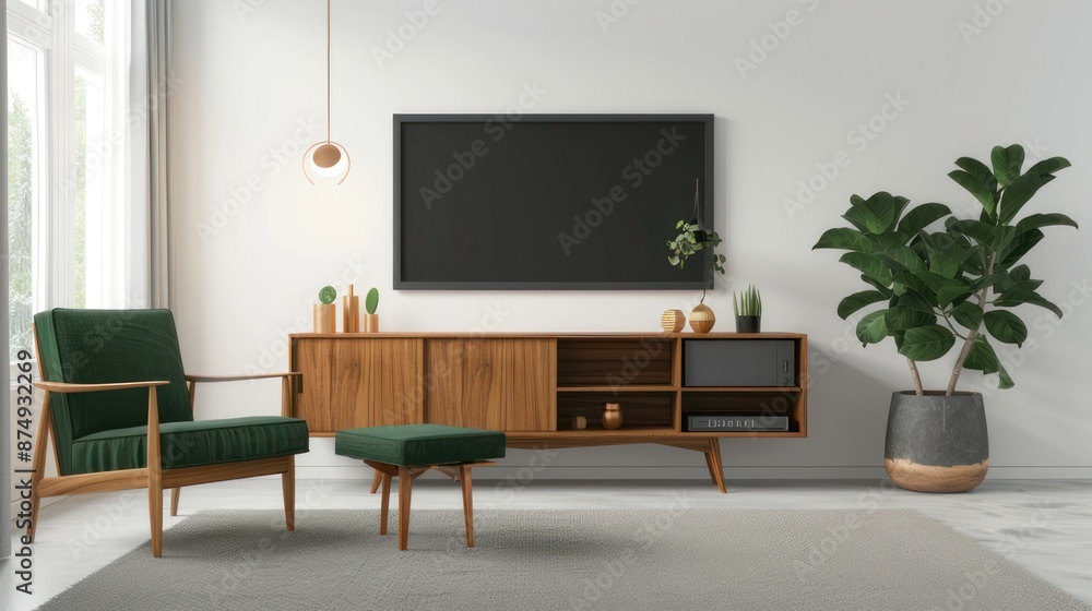 3D rendering of a mockup black screen TV on the wall in a green pastel colored interior design. 3D rendering of a mockup black screen TV on the wall in a green pastel colored interior design.