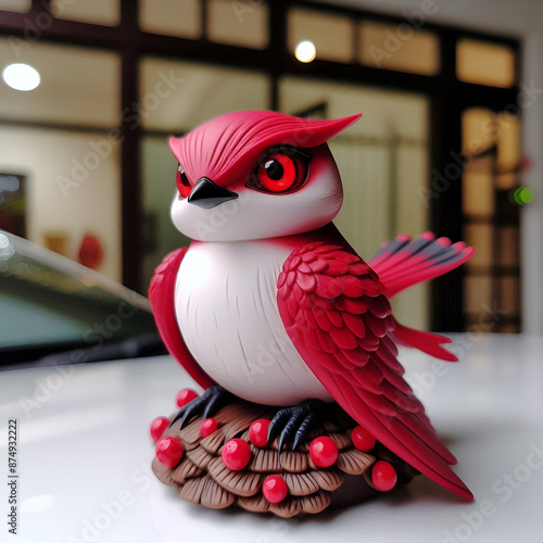 A beautiful little red bird sit on the white car.