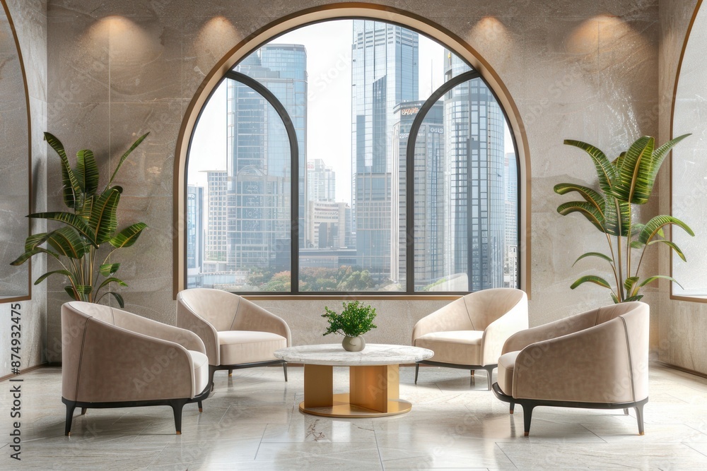 Fototapeta premium Beige reception room with round armchairs arched windows and desk in a modern hotel interior.