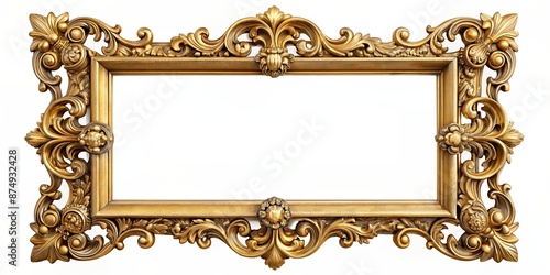 Golden baroque ornate picture frame with cross elements on front and 3/4 view , isolated, render,golden