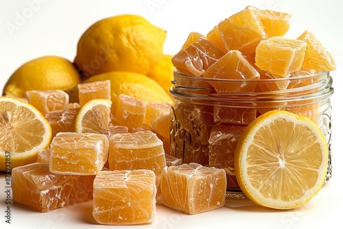 Lemon lokum pieces in a glass jar, isolated on a white background, bright and colorful... Traditional Turkish delicacies, lemon delight, lemon delight, lokum, Assortment of Turkish delights, Loukoumi photo