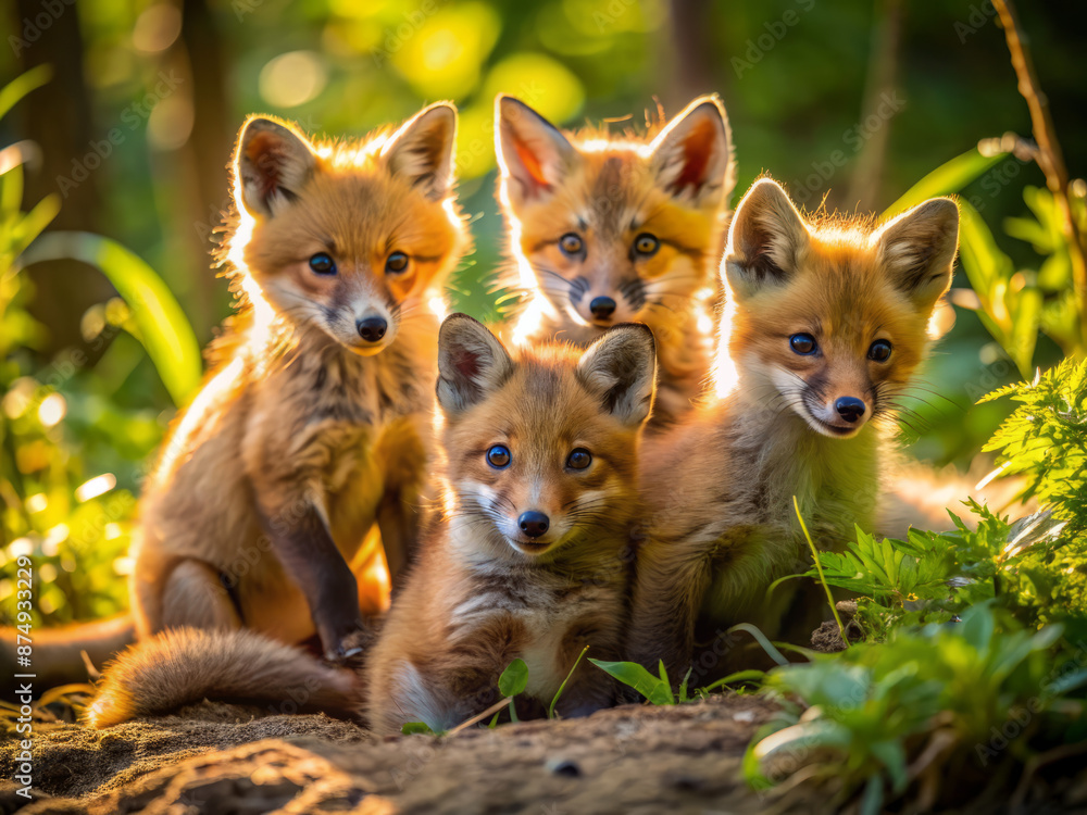 Adorable wild baby red foxes frolic and tumble in sun-dappled underbrush, their bushy tails and curious eyes shining with joyful abandon in the forest glade. Adorable wild baby red foxes frolic and tumble in sun-dappled underbrush, their bushy tails and curious eyes shining with joyful abandon in the forest glade.