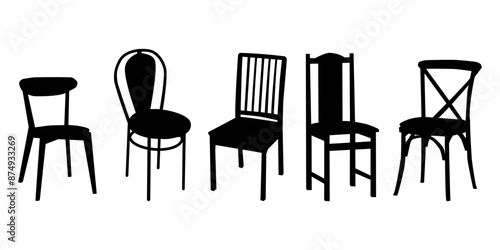 Chair silhouettes set on white background. Different stool collection, various seat group. Office, workplace or living room chairs. Furniture expo, store, market online shop poster or banner. Vector