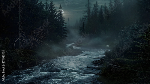 A dark forest with a stream running through it © JuroStock