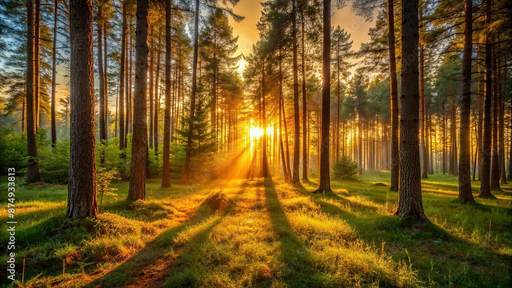 Obraz premium Sunset casting warm golden light through trees in a peaceful forest setting, sunset, forest, nature, trees, golden hour