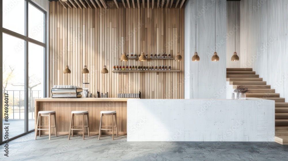 White wall mockup with wood and white concrete bar interior design of modern coffee shop. White wall mockup with wood and white concrete bar interior design of modern coffee shop.