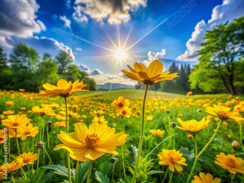 Vibrant yellow flowers blooming in a lush green meadow, softly swaying in the gentle breeze, surrounded by lush foliage on a serene sunny day. photo