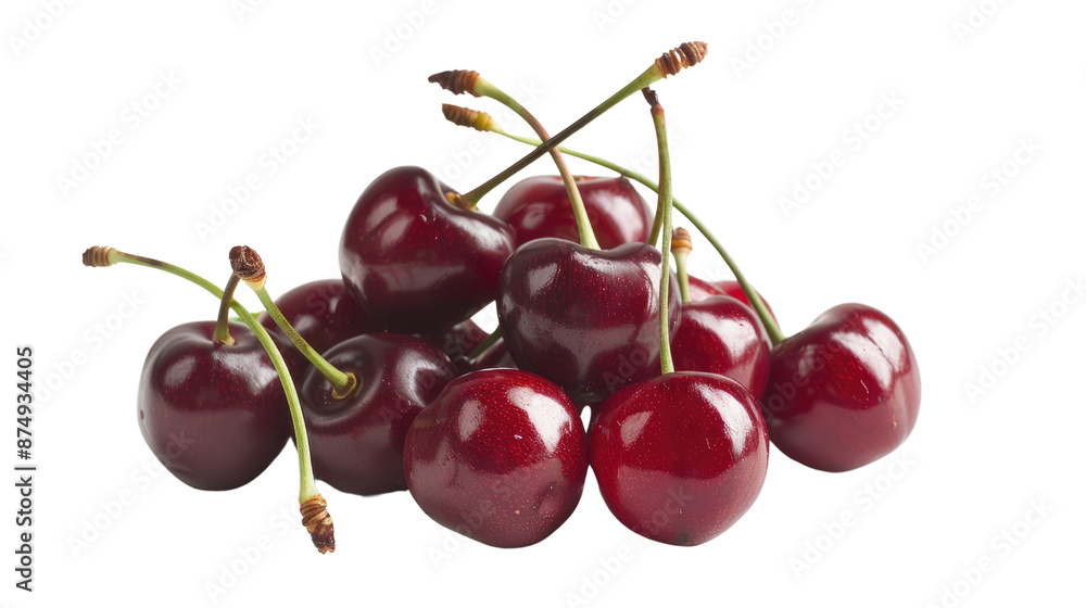 A bunch of ripe cherries with their glossy red skin, on a bright white background A bunch of ripe cherries with their glossy red skin, on a bright white background