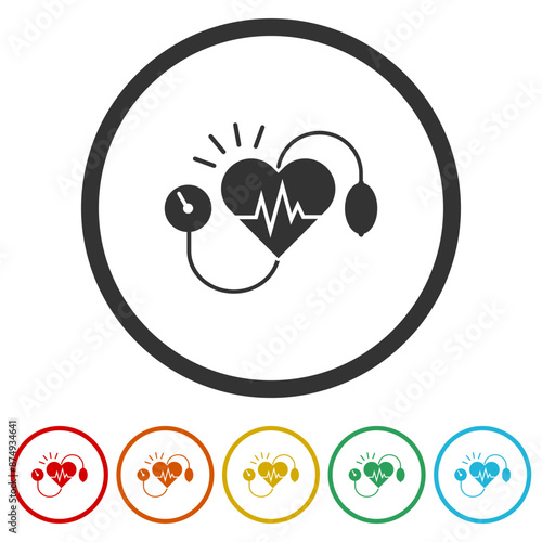 Arterial blood pressure icon. Set icons in color circle buttons