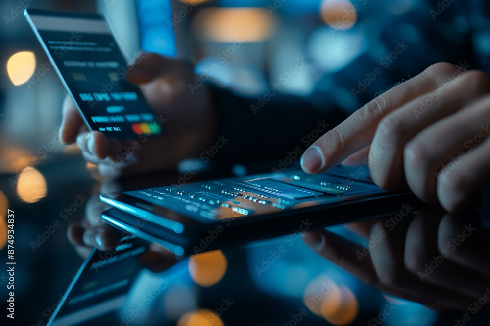 Closeup of a man holding a credit card and using a smartphone for business internet payment concept Buy things online electronic commerce financial technology mobile bank Closeup of a man holding a credit card and using a smartphone for business internet payment concept Buy things online electronic commerce financial technology mobile bank