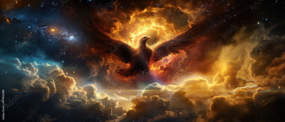 Majestic Phoenix Rising from Fiery Clouds in a Dramatic Sky with Cosmic Elements Majestic Phoenix Rising from Fiery Clouds in a Dramatic Sky with Cosmic Elements