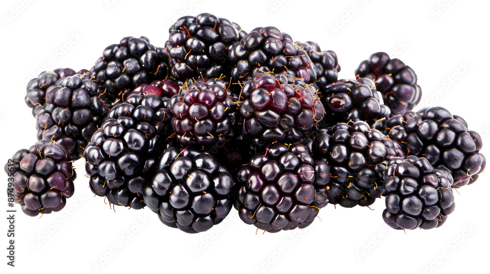 A cluster of ripe blackberries, showing their deep purple hue, on a clean white backdrop A cluster of ripe blackberries, showing their deep purple hue, on a clean white backdrop
