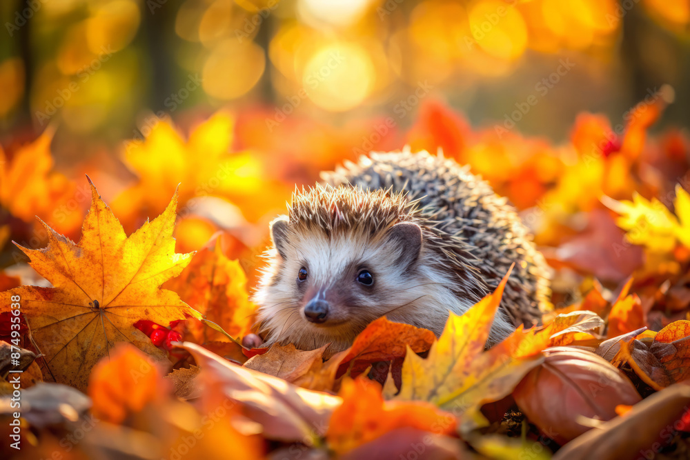 A small hedgehog rolls and plays in a pile of vibrant orange and yellow autumn leaves, surrounded by beautiful fall foliage in a serene forest setting. A small hedgehog rolls and plays in a pile of vibrant orange and yellow autumn leaves, surrounded by beautiful fall foliage in a serene forest setting.
