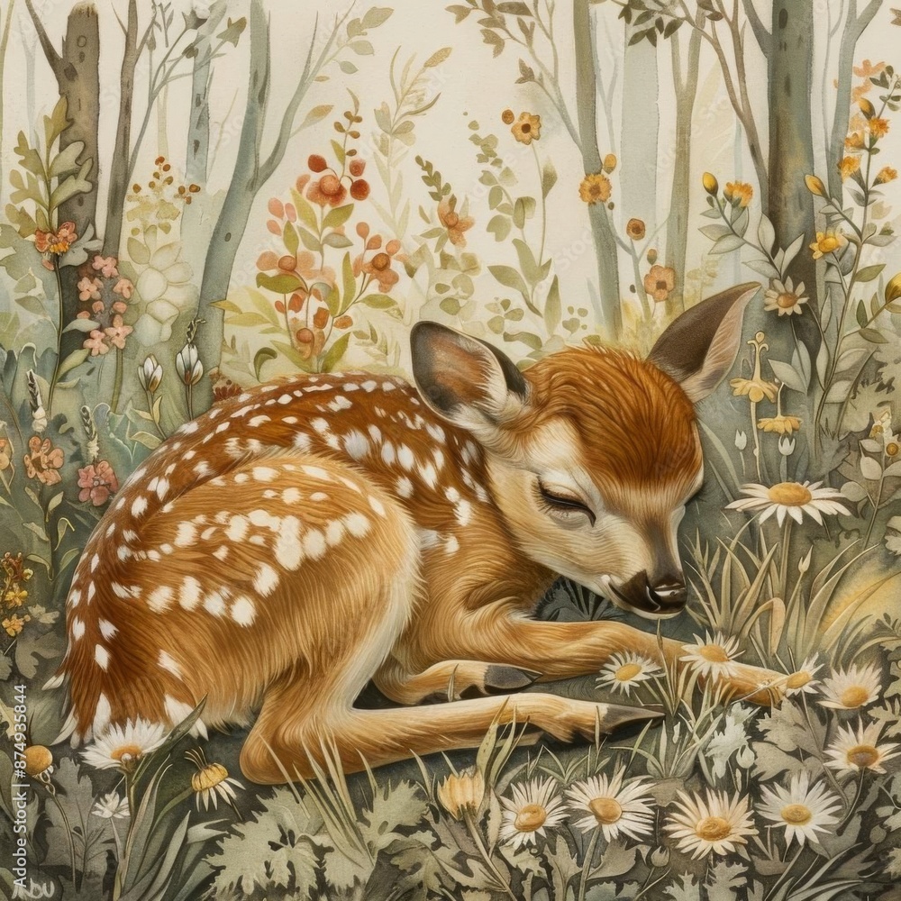 Fototapeta premium A beautiful watercolor painting of a sleeping fawn in a field of flowers