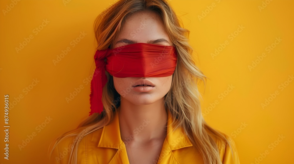 Portrait of a young woman with a blindfold on yellow background with copy space Portrait of a young woman with a blindfold on yellow background with copy space
