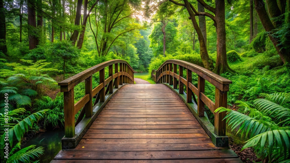 Obraz premium Wooden bridge surrounded by lush greenery in a peaceful forest setting, wooden, bridge, forest, park, nature, green, trees